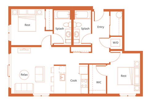 Floor plan for 2 beds, 2 baths, 978 sqft
